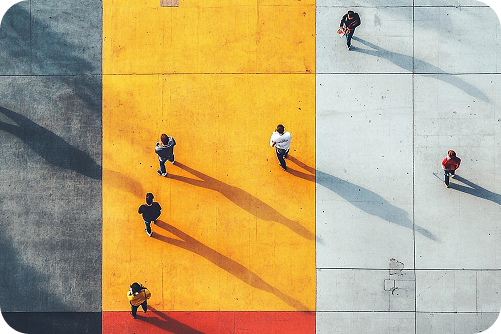 People walking on geometric square